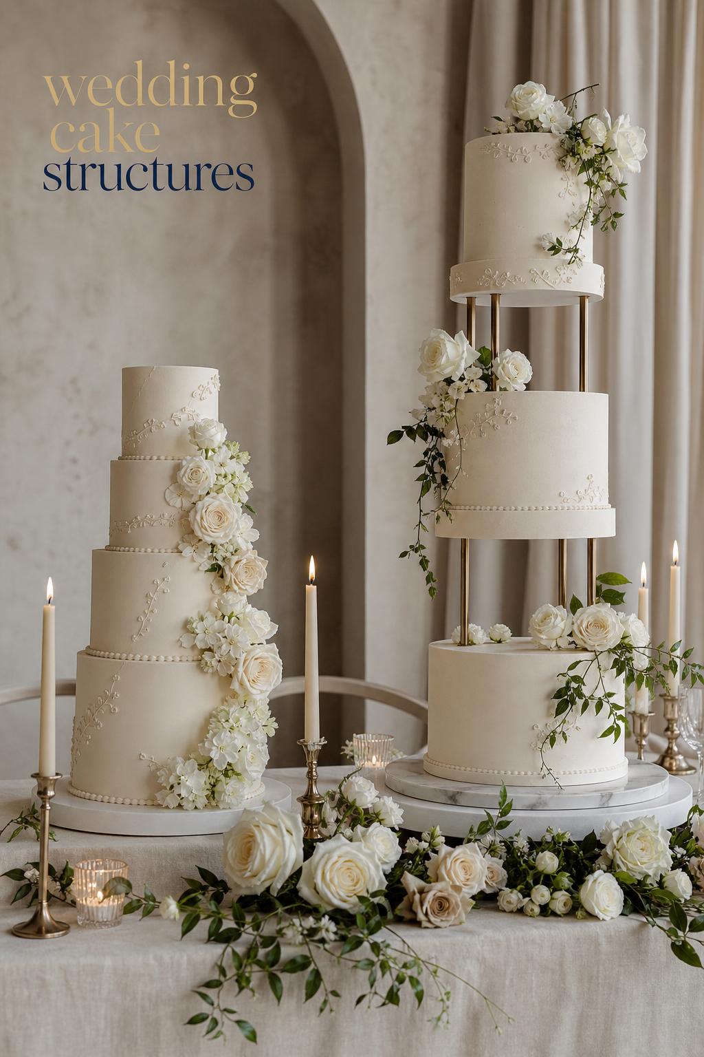 Luxury editorial photo of wedding cake structures with stacked and separated-tier cakes on a linen table with candles and florals.