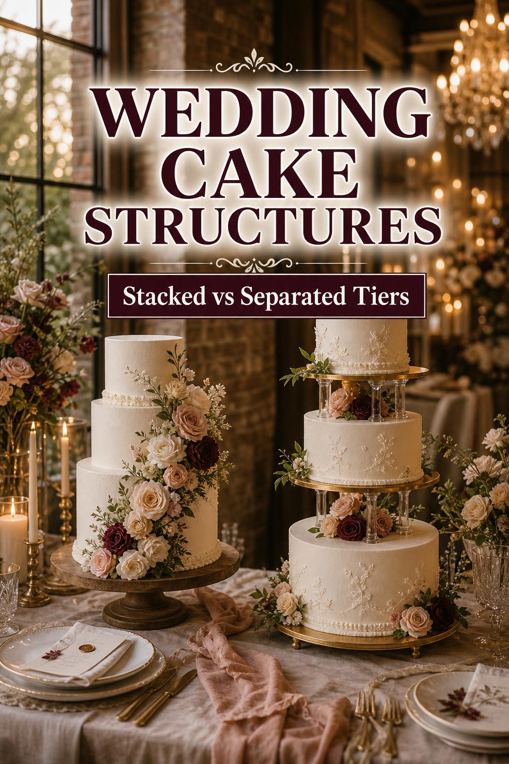 Wedding cake structures comparison with stacked and separated tier cakes in a warm, elegant reception setting