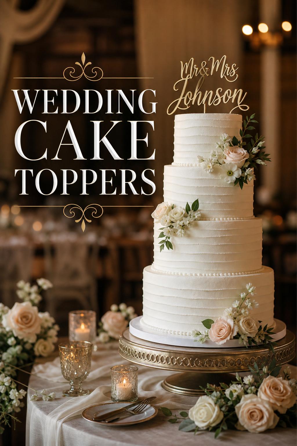 Elegant wedding cake toppers on a white tiered cake with florals and candles in a romantic reception setting