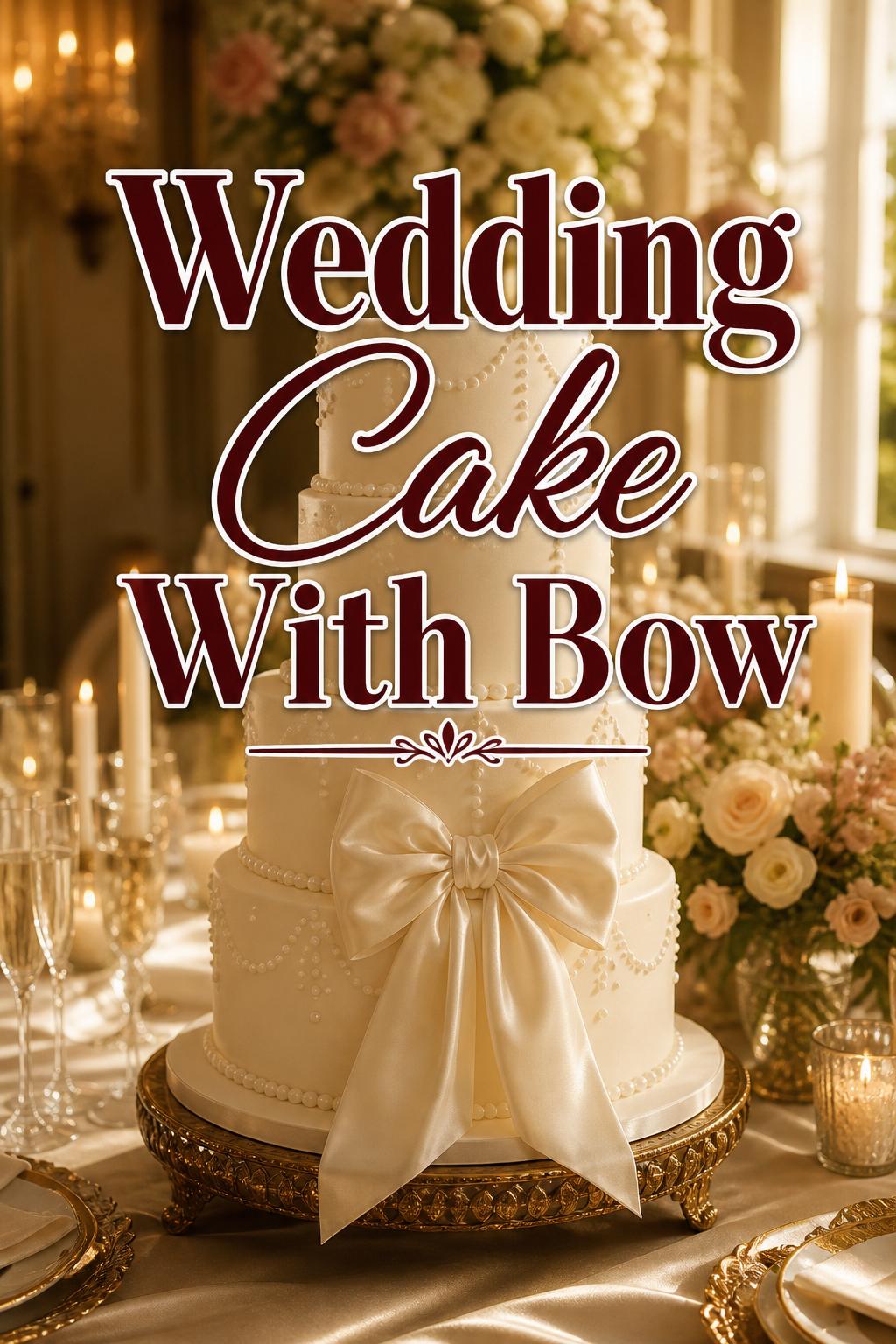 Wedding cake with bow in an elegant golden-hour reception setting with candlelight and soft florals