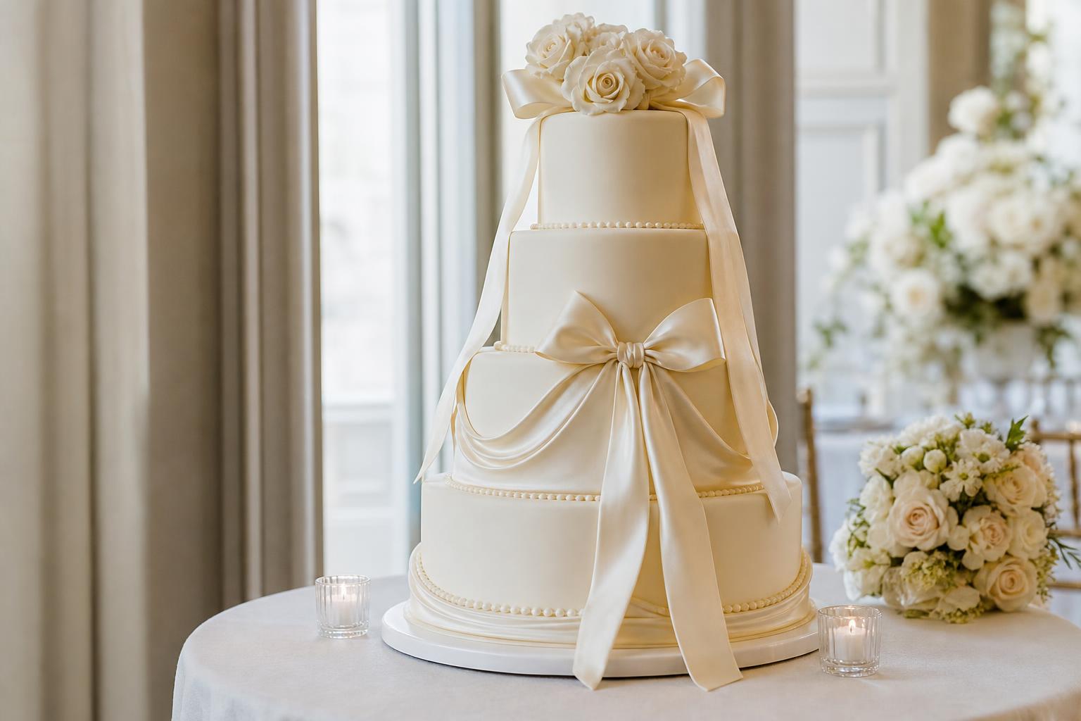 Elegant wedding cake with bow detail in ivory fondant, styled as a classic bridal tiered cake