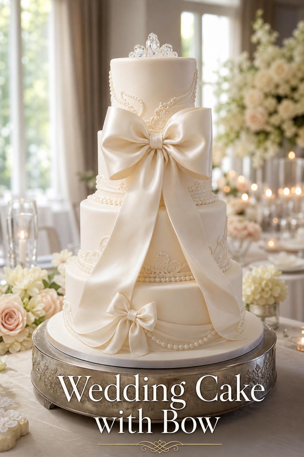 Elegant wedding cake with bow in a luxury reception with candlelight and blush florals