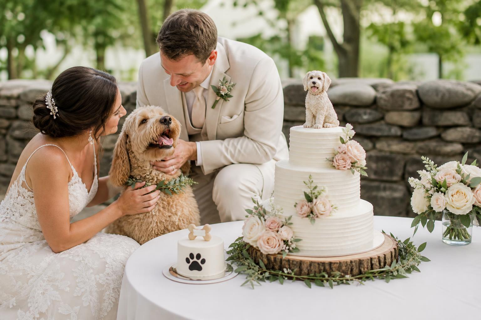Elegant wedding cake with dog topper on a styled dessert table, romantic buttercream design for a chic personal celebration