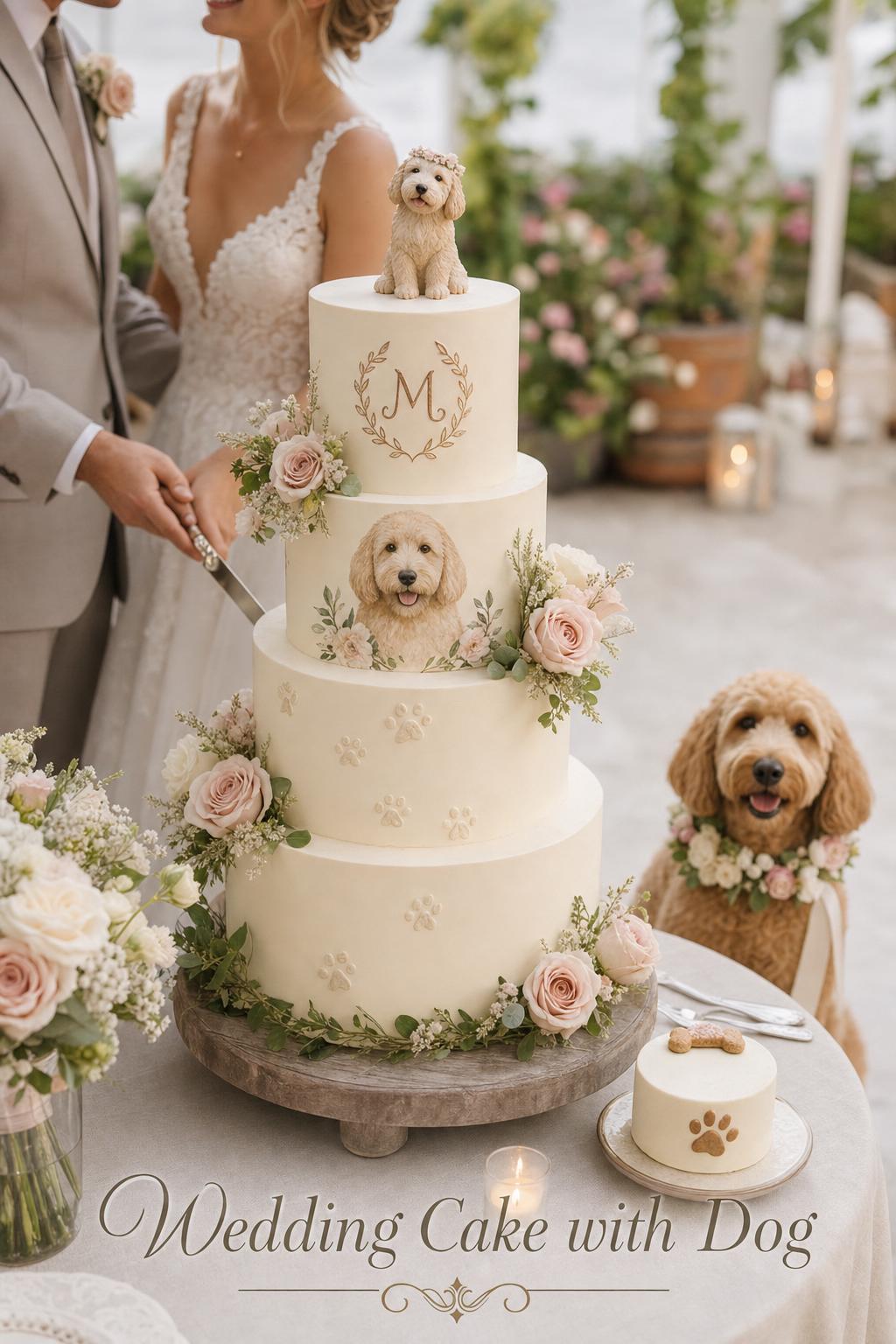 Wedding cake with dog details on elegant buttercream tiers, blush florals, and pupcake on a garden reception table