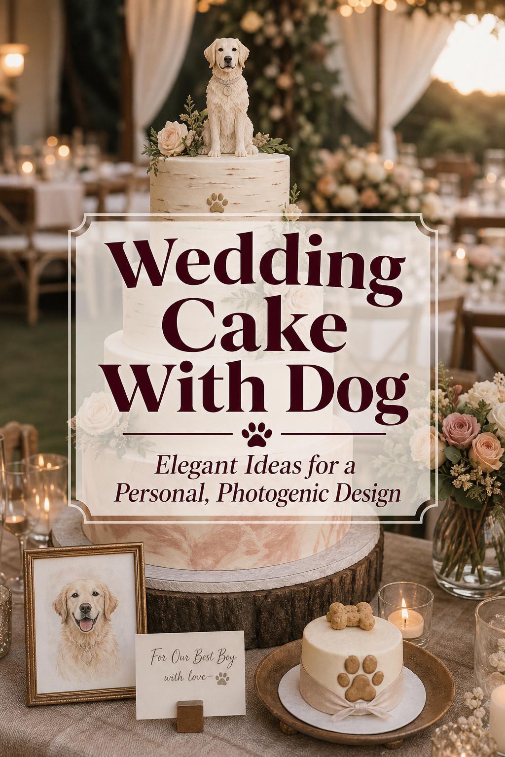 Wedding cake with dog theme on an elegant reception table with candles, soft florals, and golden-hour lighting.