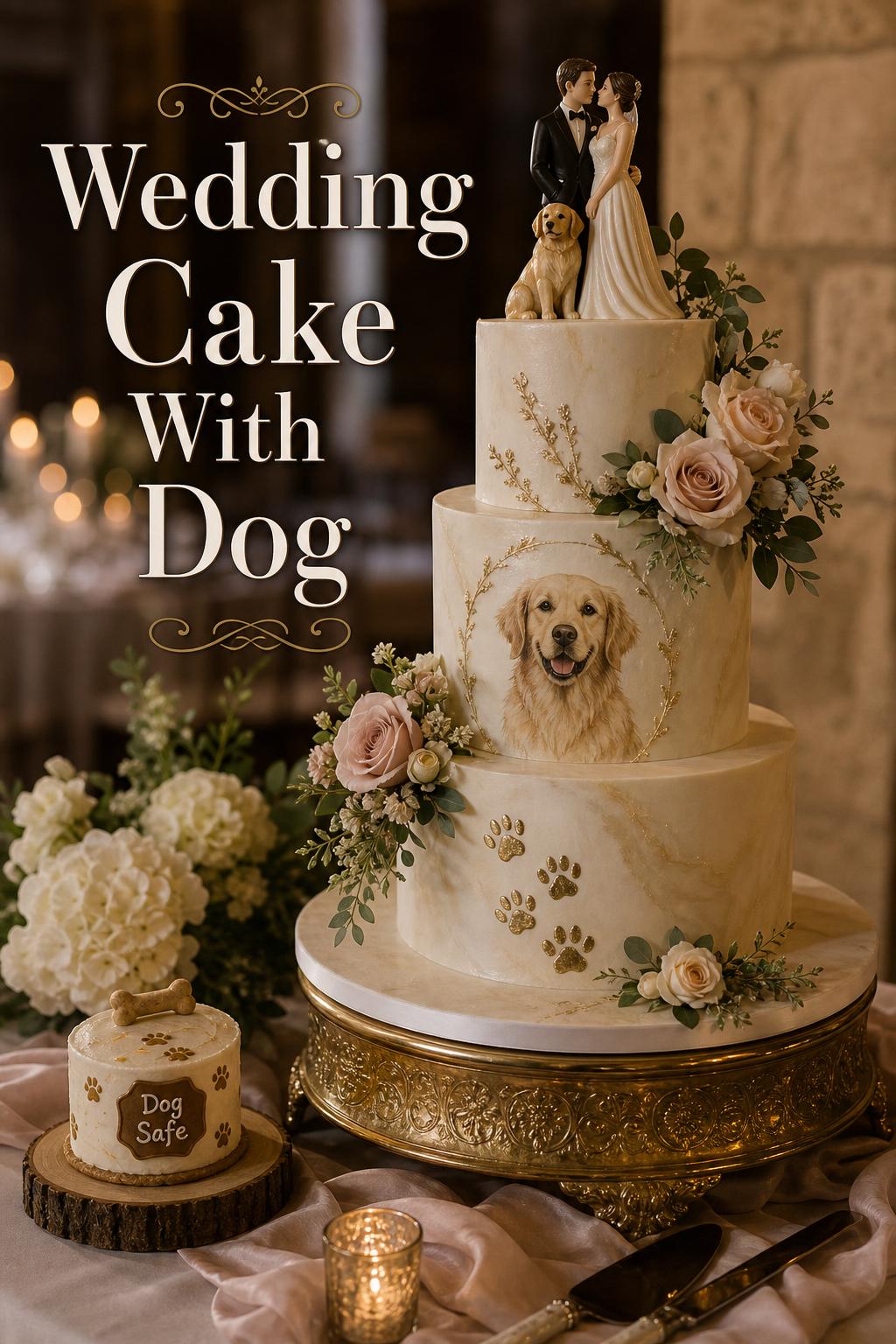 Elegant wedding cake with dog topper and pet portrait in a luxury reception setting with candlelight and soft window glow