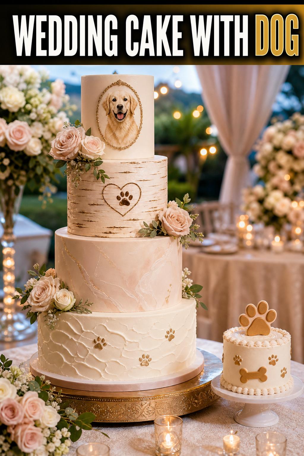 Wedding cake with dog beside a rustic white tiered cake at an outdoor reception, warm natural light