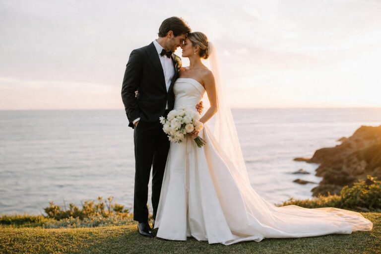 Wedding day photo ideas featuring a bride and groom in a timeless editorial portrait with soft natural light