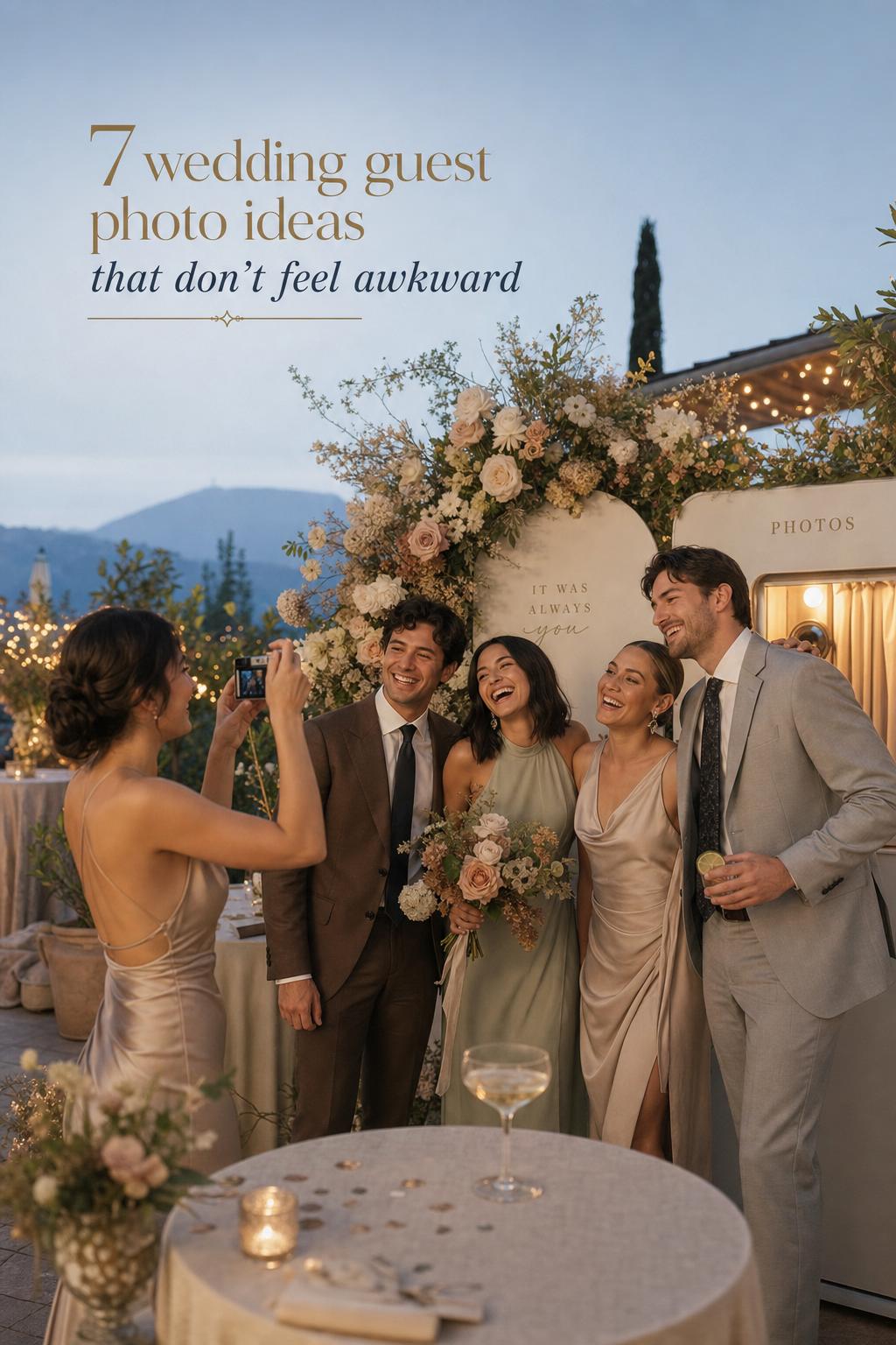 Wedding guest photo ideas: stylish guests laughing at a blue-hour garden reception as one lifts a compact camera for a candid shot.