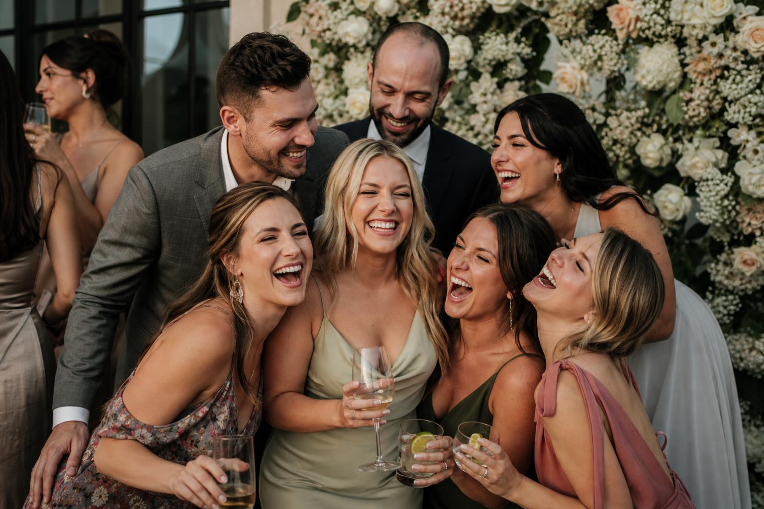 Wedding guest photo ideas: friends pose at an elegant floral backdrop during cocktail hour in soft natural light