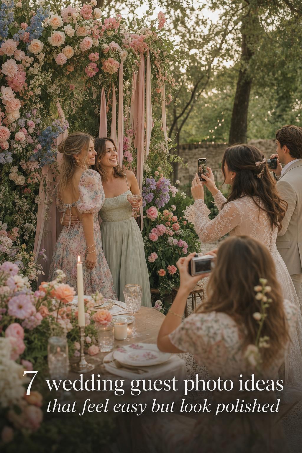 Wedding guests laughing near a flower-framed photo corner at golden hour, capturing candid wedding guest photo ideas