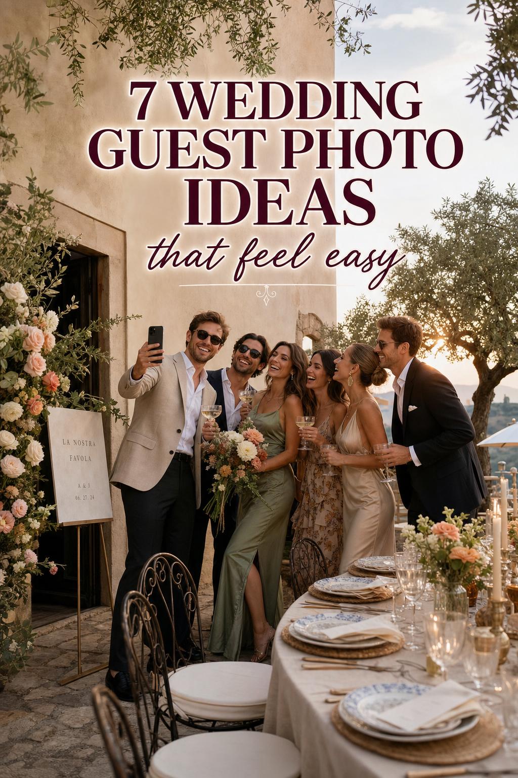 Wedding guest photo ideas in a Mediterranean garden reception, stylish guests laughing by a plaster wall at golden hour