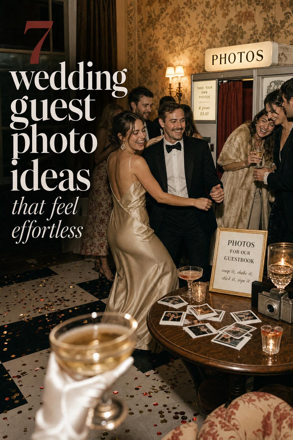 Wedding guest photo ideas: guests dancing by a vintage hotel photo booth with instant prints, confetti, and warm flash lighting
