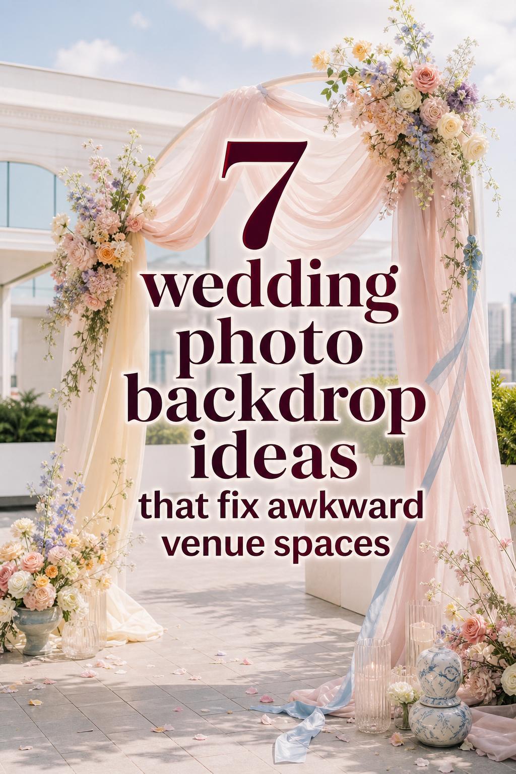Wedding photo backdrop ideas featuring an asymmetrical chiffon-draped arch with pastel florals in a bright rooftop garden venue.
