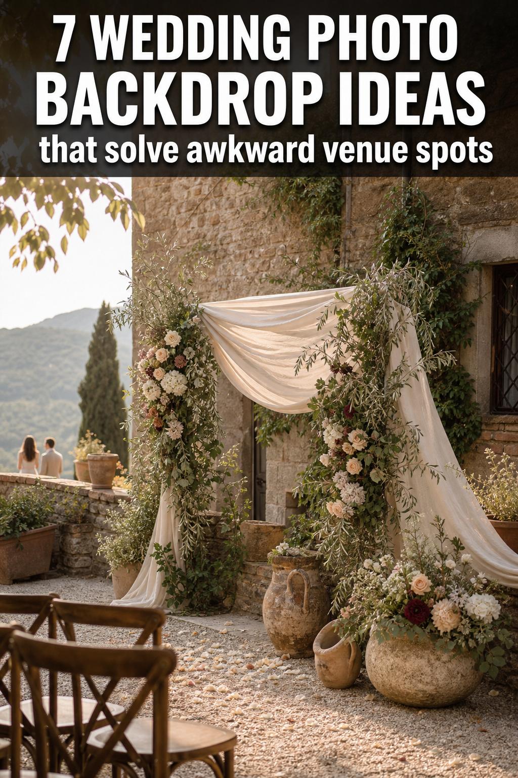 Elegant wedding photo backdrop ideas with soft draped fabric, warm fairy lights, and floral arch in a reception setting