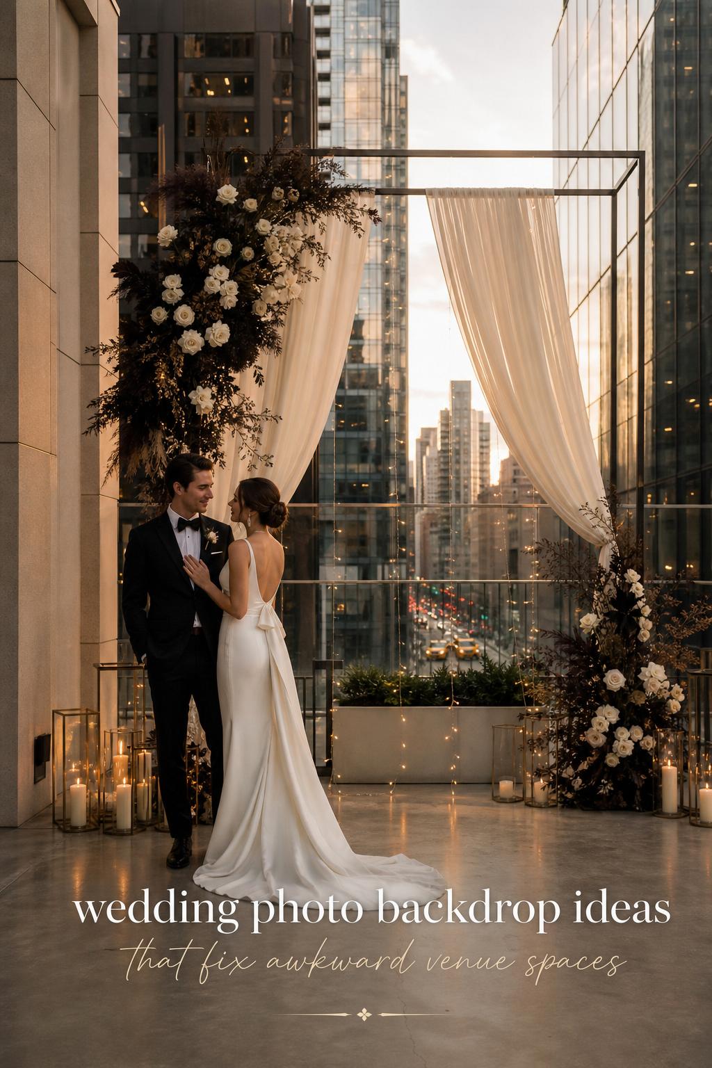 Wedding photo backdrop ideas featuring a minimalist rooftop arch with ivory draping, dark florals, and city skyline at sunset