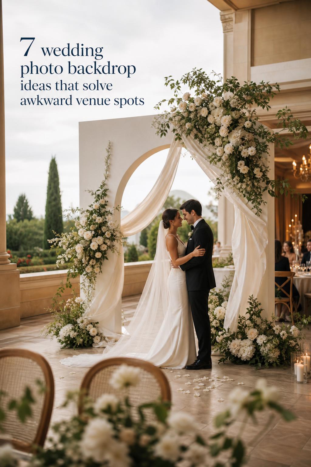 Wedding photo backdrop ideas featuring a minimalist arch with ivory draping and sculptural florals in an elegant garden venue.