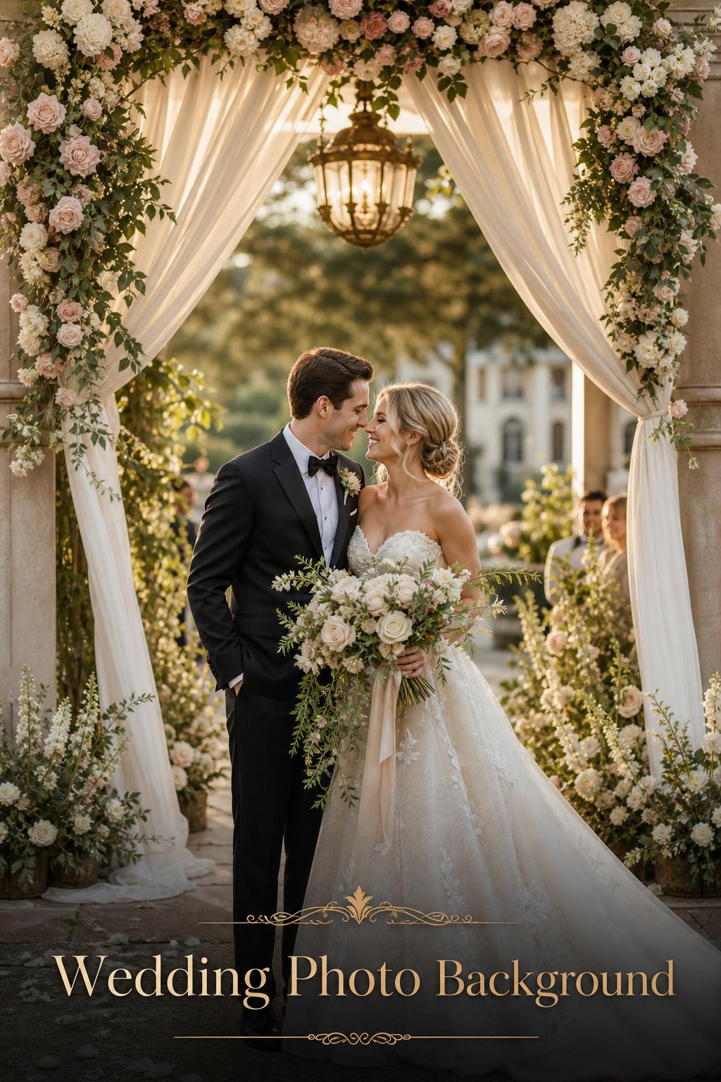 Elegant couple by a floral arch wedding photo background in golden-hour garden light