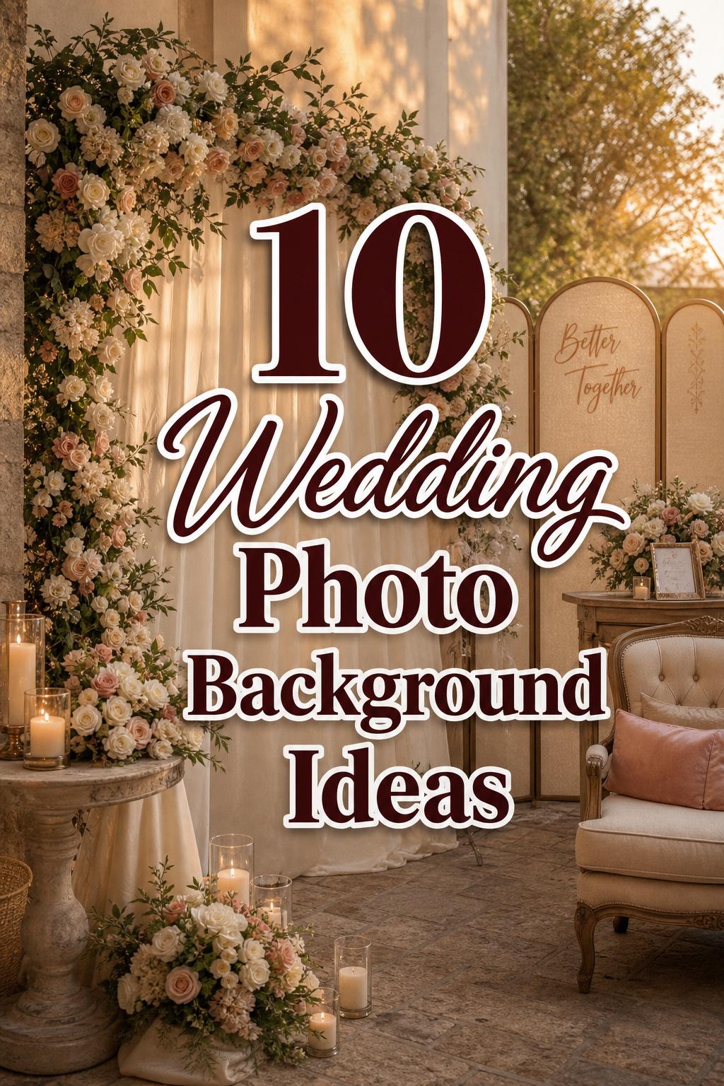 Elegant wedding photo background with floral arch, draped fabric, and golden hour reception details