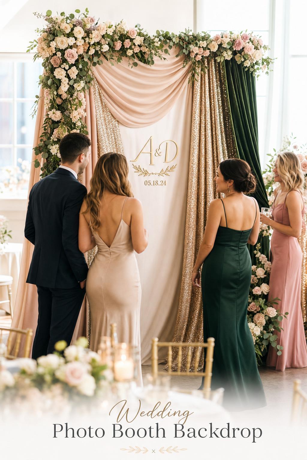 Wedding photo booth backdrop with chiffon drapes, champagne sequins, florals and elegant guests in a bright reception venue
