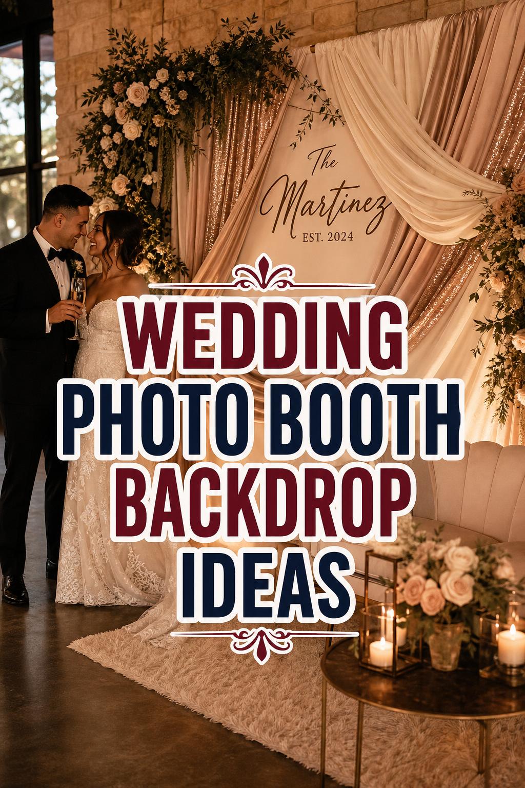 Wedding photo booth backdrop ideas with draped fabrics, florals, candlelight, and monogram sign in warm reception lighting