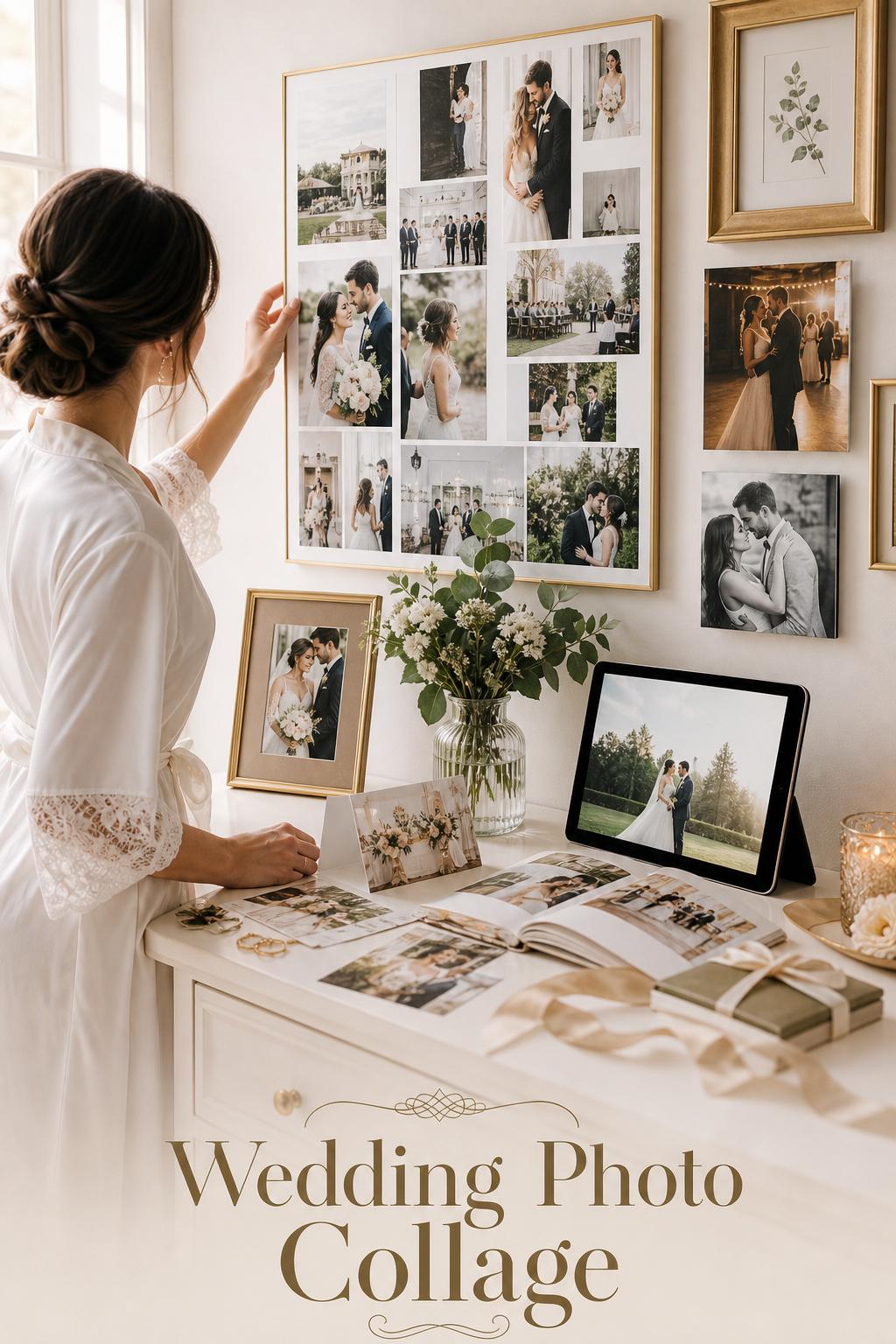 Bride arranging a wedding photo collage with framed prints, photo tiles, and a digital frame in a bright, airy home interior