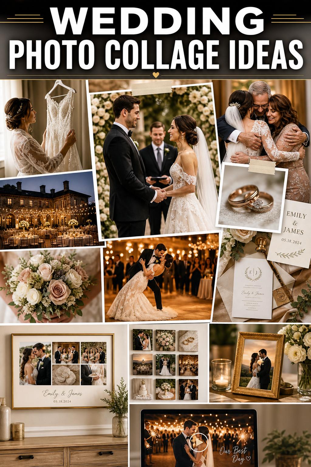 Wedding photo collage featuring romantic couple portraits and candid ceremony moments in a classic layout