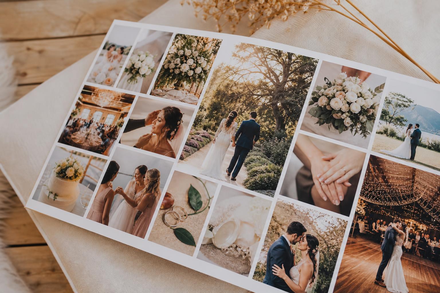 Elegant wedding photo collage featuring ceremony, first dance, venue, and candid moments in a modern layout