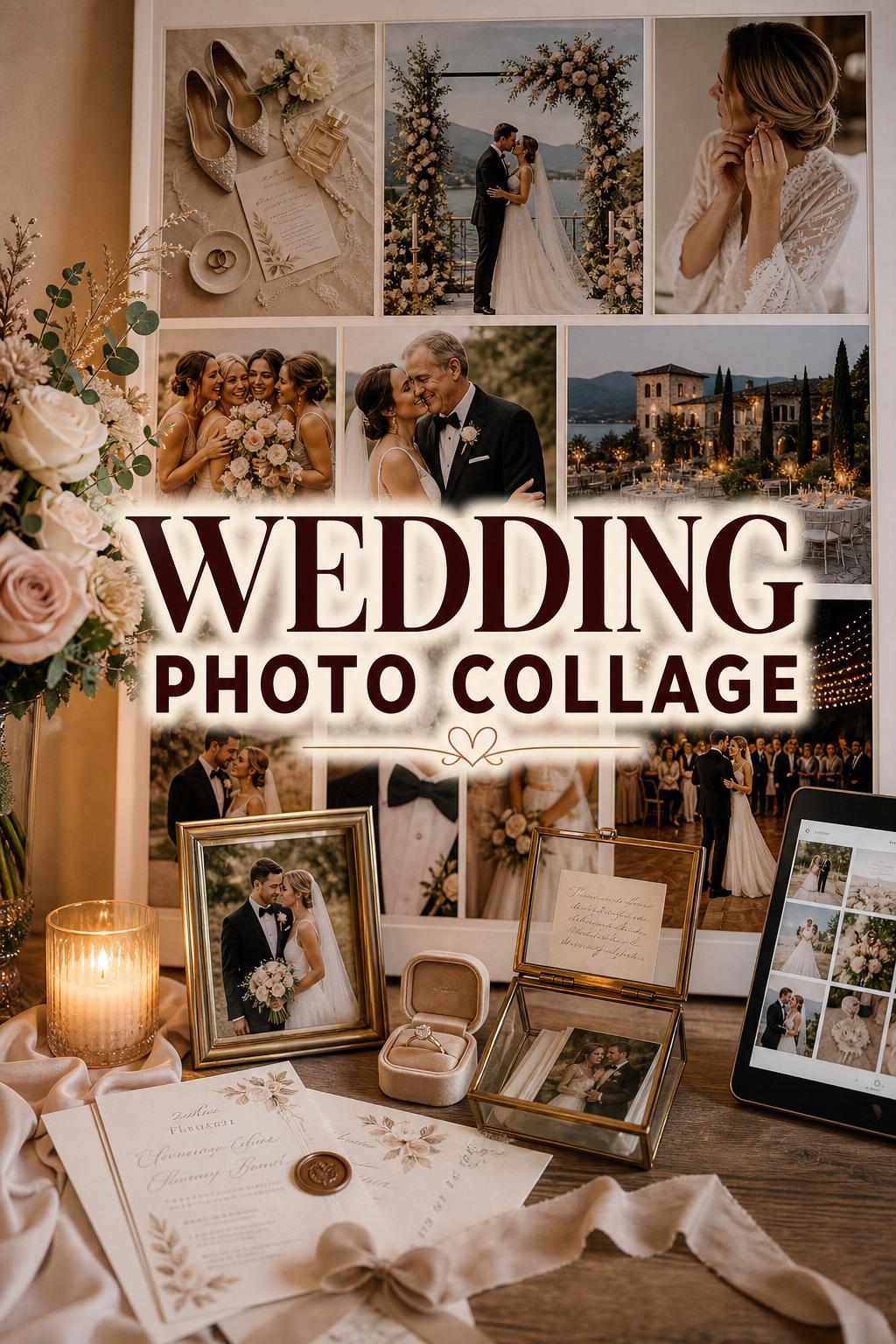 Warm golden-hour wedding photo collage display with framed prints, invitation suite, ribbons, and candlelight on a styled tabletop.