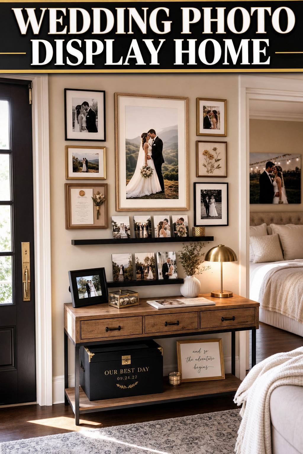 Wedding photo display home with framed portraits on a bright living room gallery wall
