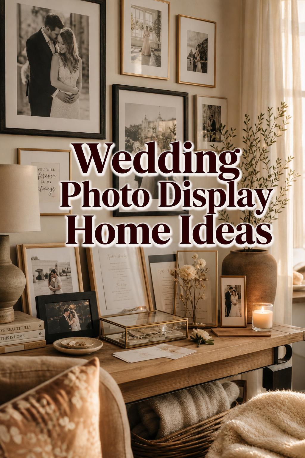 Wedding photo display home ideas in a warm golden-hour interior with framed portraits, keepsakes, and cozy neutral décor.
