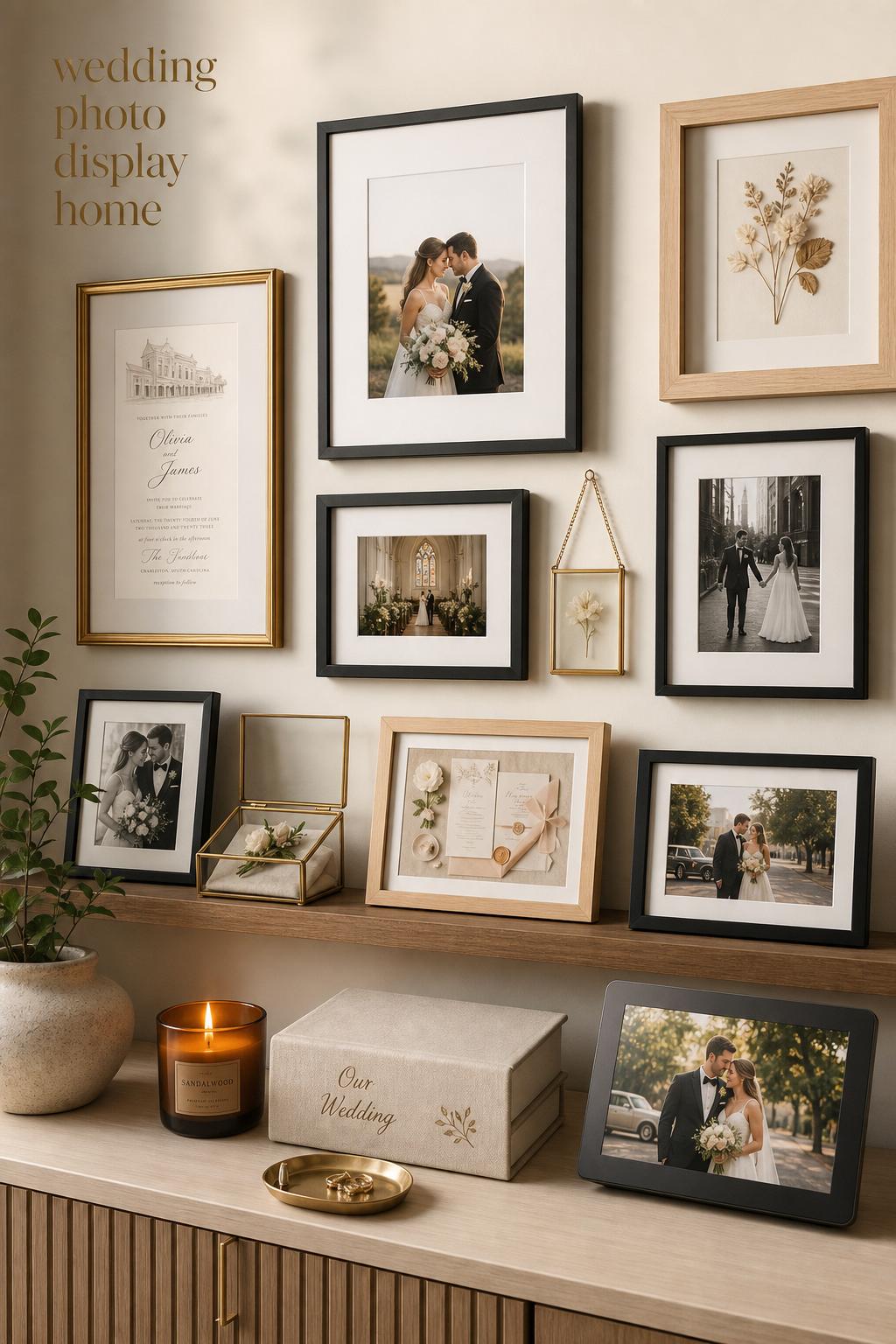 Romantic modern gallery wall in a warm neutral living corner featuring a wedding photo display home with framed portraits and keepsakes.