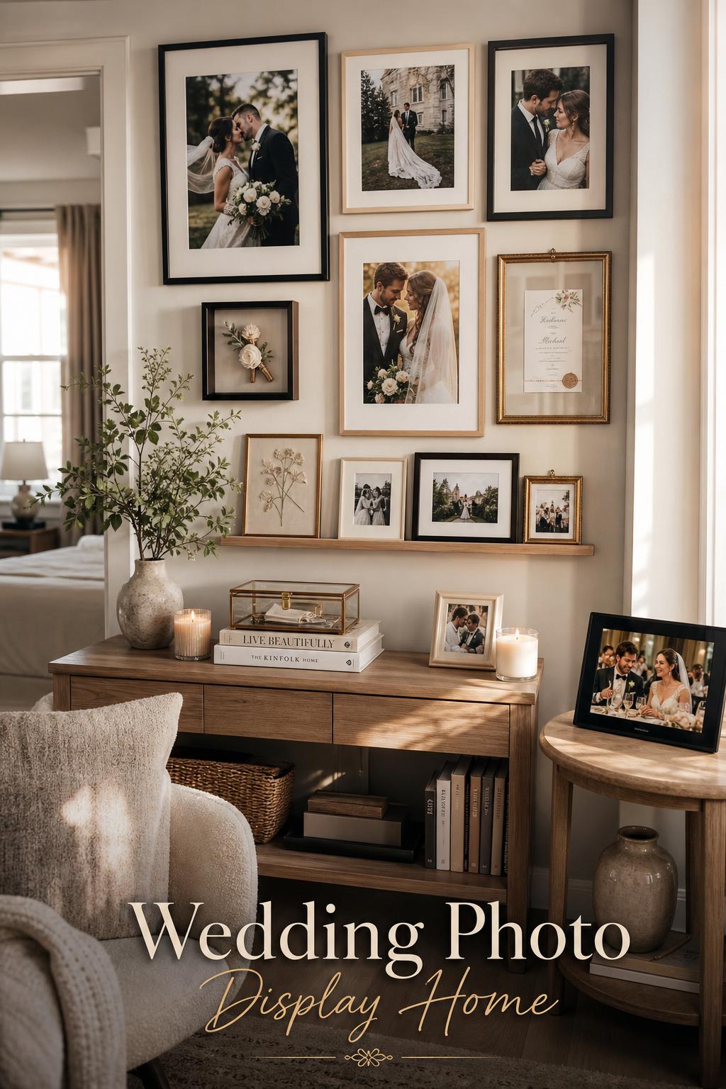 Wedding photo display home in a sunlit modern living room corner with framed portraits, keepsakes, and neutral décor