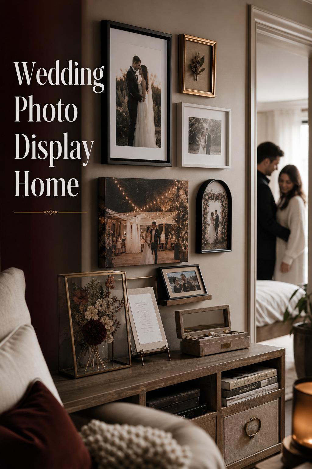 Wedding photo display home wall gallery with framed portraits, console styling, and romantic moody natural light in a lived-in interior