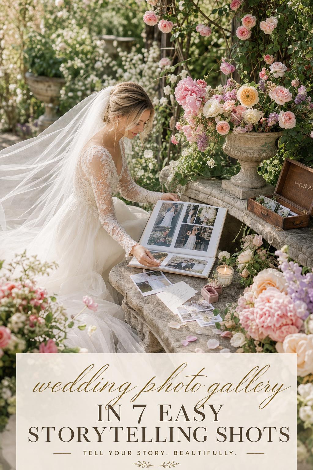Bride arranging a wedding photo gallery album on an antique garden bench with lush spring florals in soft daylight