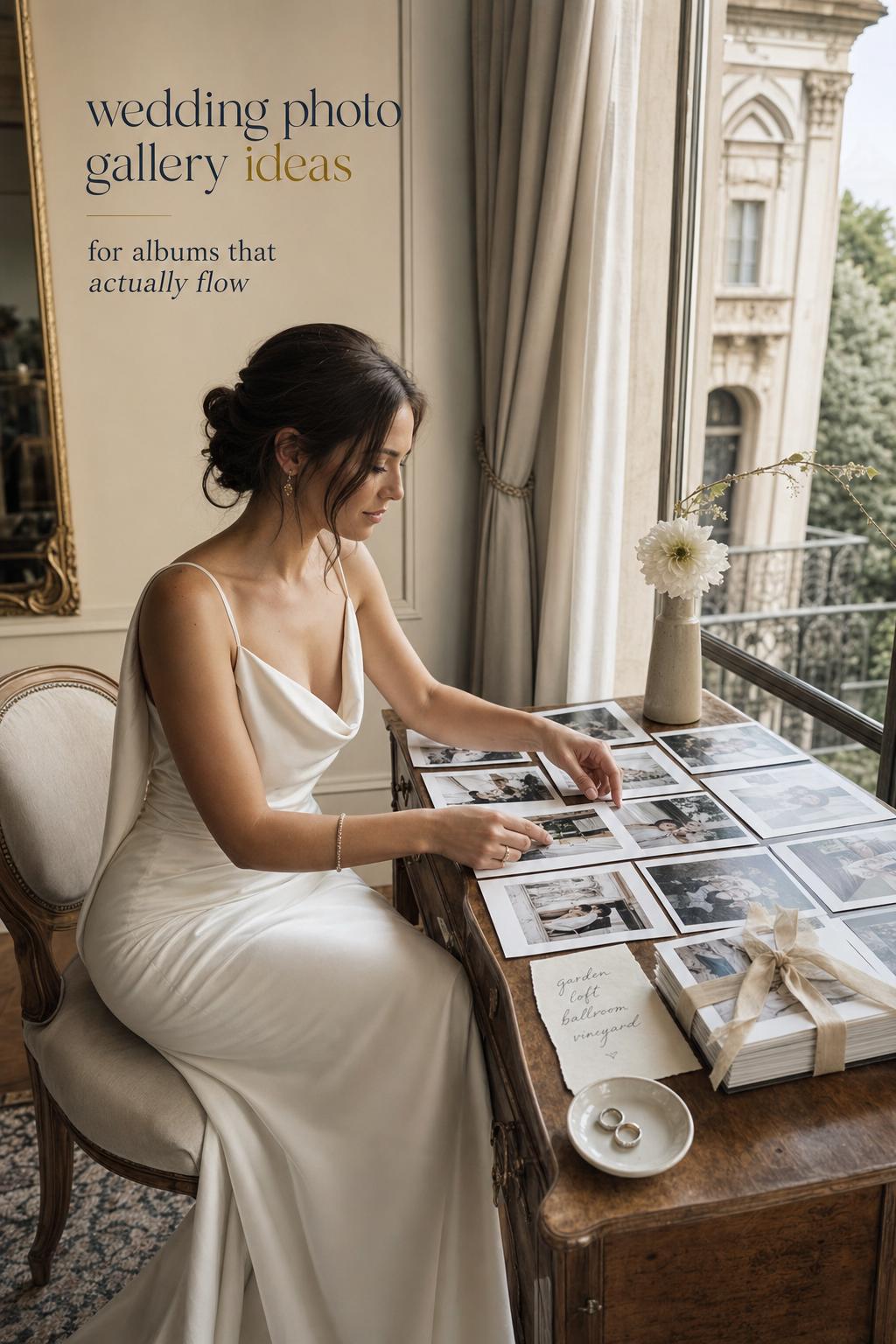 Wedding photo gallery planning: bride curating printed photos at antique desk by window in elegant European suite