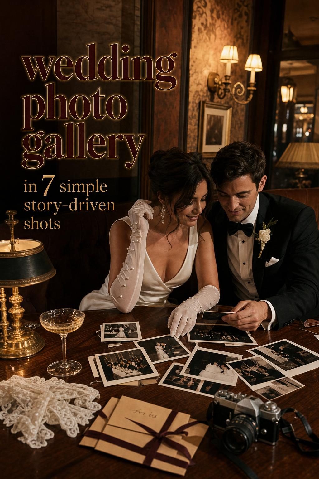 Wedding photo gallery proofing scene in a vintage hotel lounge with newlyweds, printed photos, champagne coupe and film camera