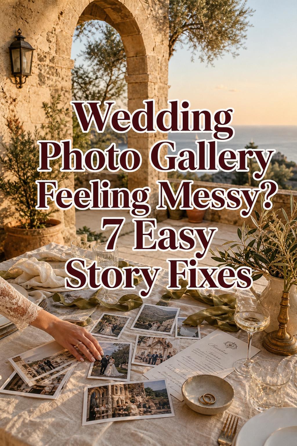 Wedding photo gallery storyboard on a luxury Mediterranean villa reception table at golden hour with prints, menu and champagne