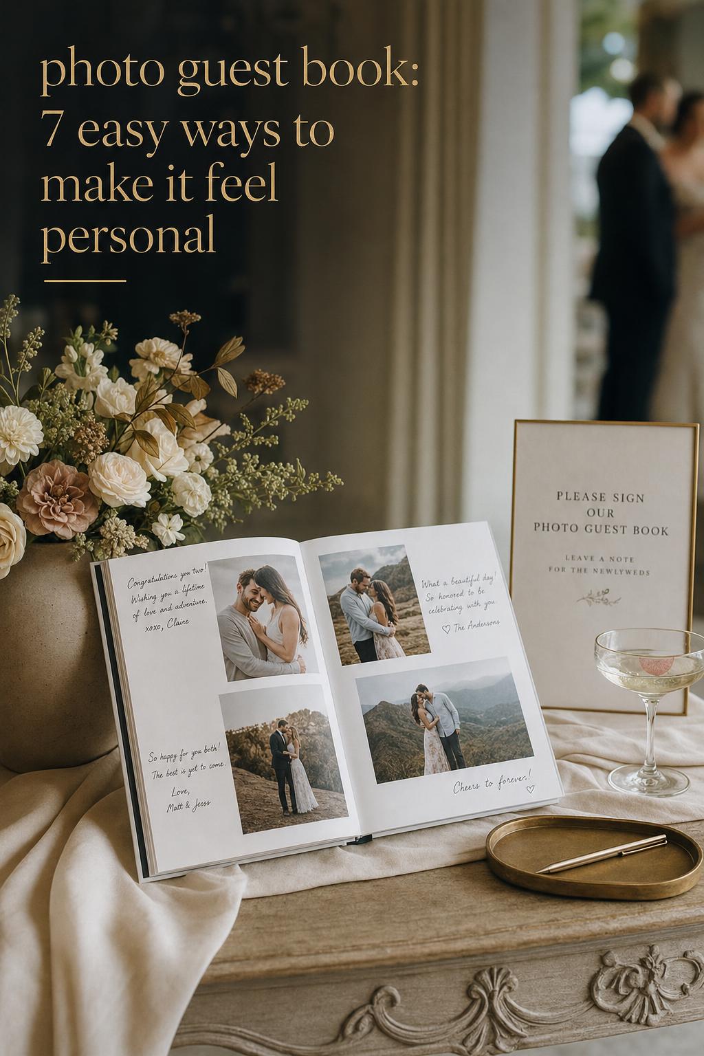 Elegant photo guest book on a wedding reception entrance table with linen cover, floral styling, and soft daylight