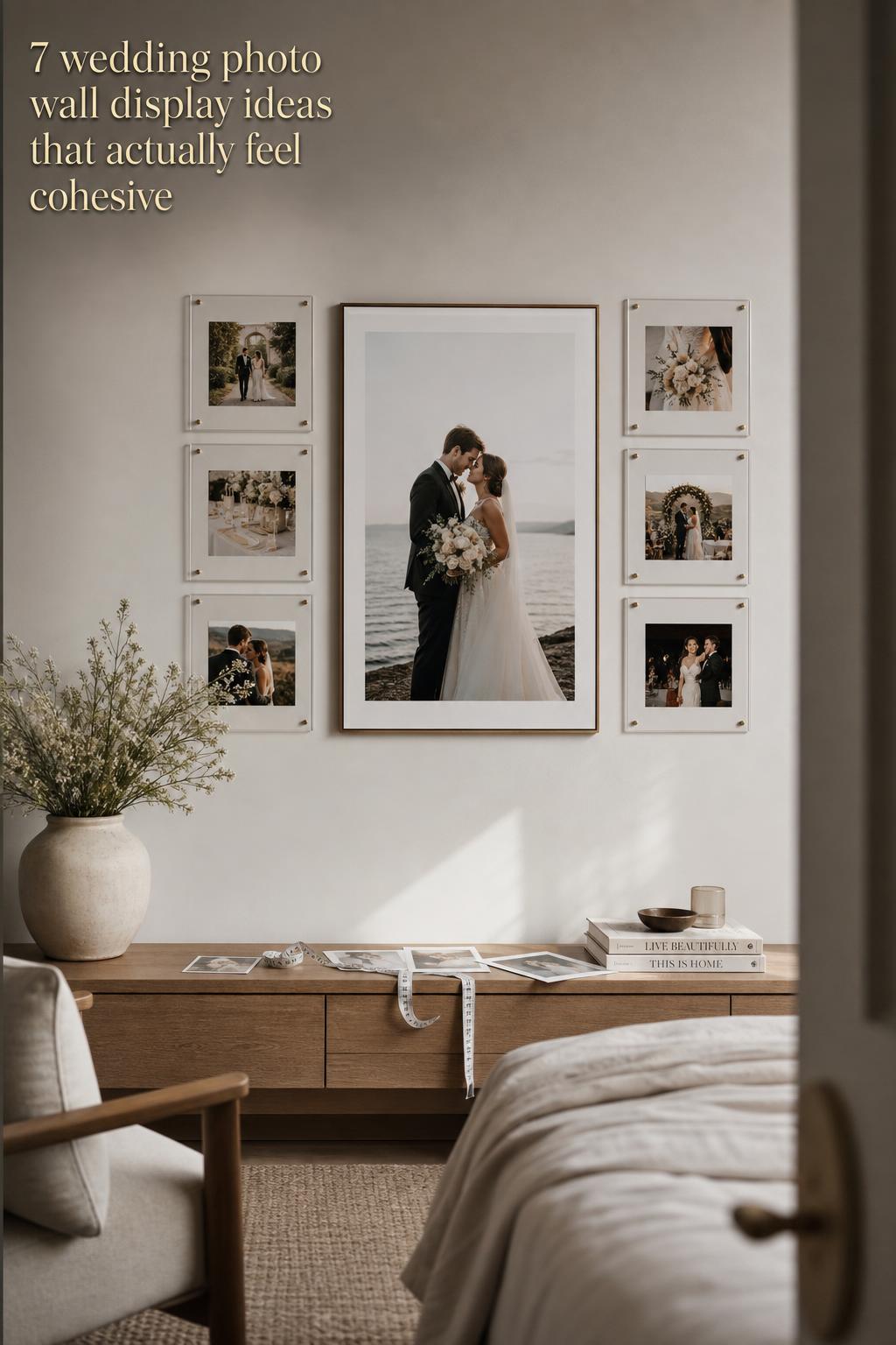 Wedding photo wall display in a calm minimalist bedroom with floating frames, neutral tones, and a planning console below