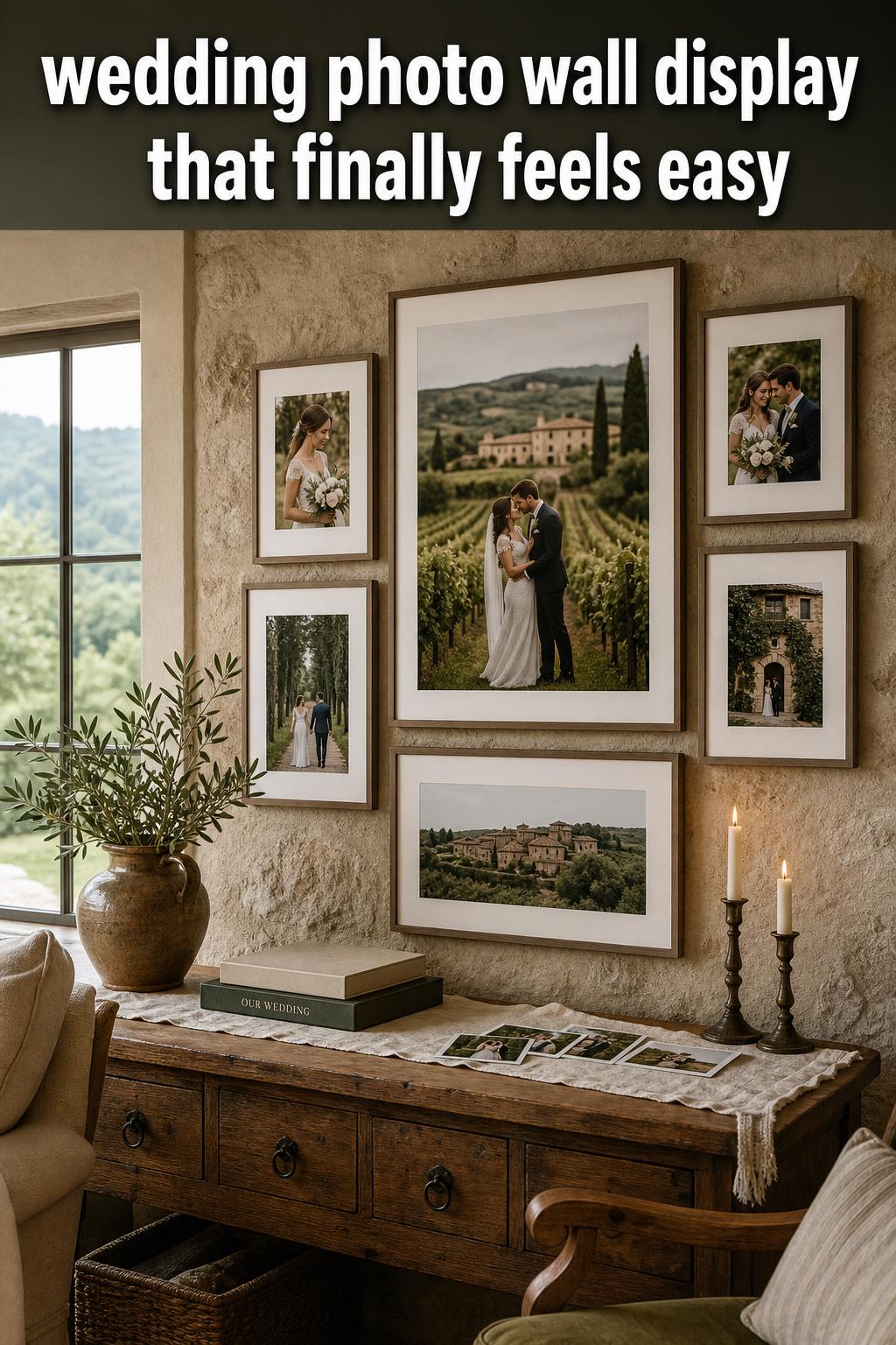 Wedding photo wall display with framed couple portraits and fairy lights at a reception venue