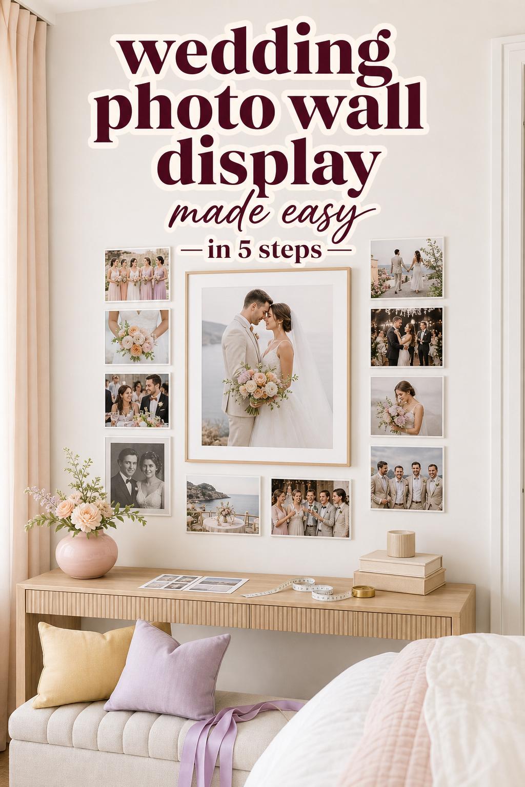 Pastel bedroom gallery wall with organized wedding photo wall display above upholstered bench and wood console in bright daylight