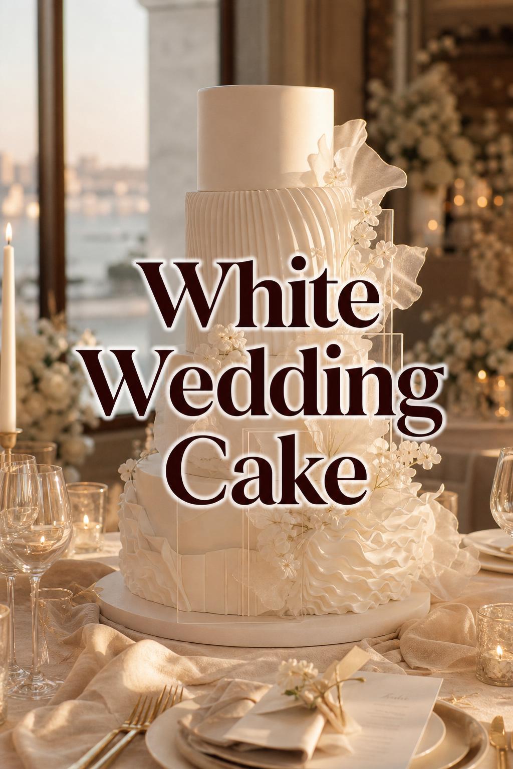 White wedding cake centerpiece on an elegant all-white reception table in warm golden-hour light, luxury editorial style.