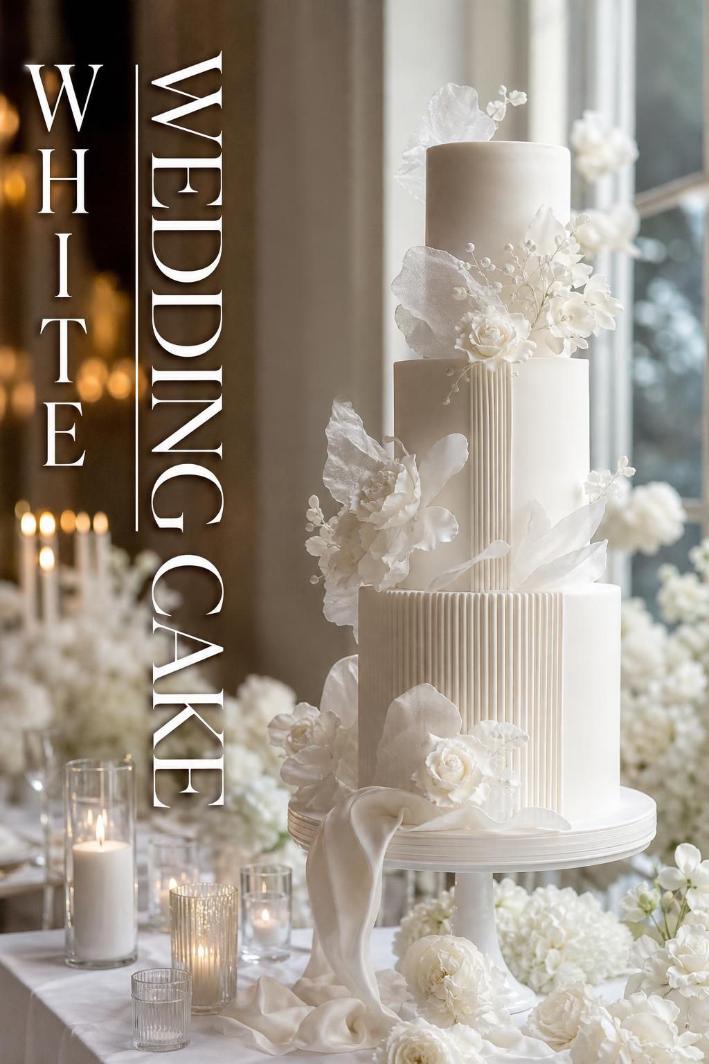 White wedding cake with sculptural tiers on a luxe reception table, glowing candles and ivory florals in soft cinematic light