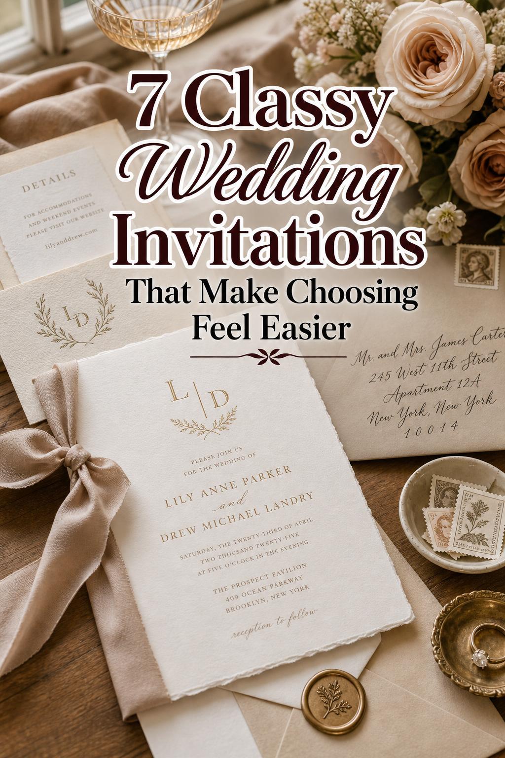 Classy wedding invitations suite on warm wood table with taupe ribbon, wax seal, roses and calligraphy envelope in soft light