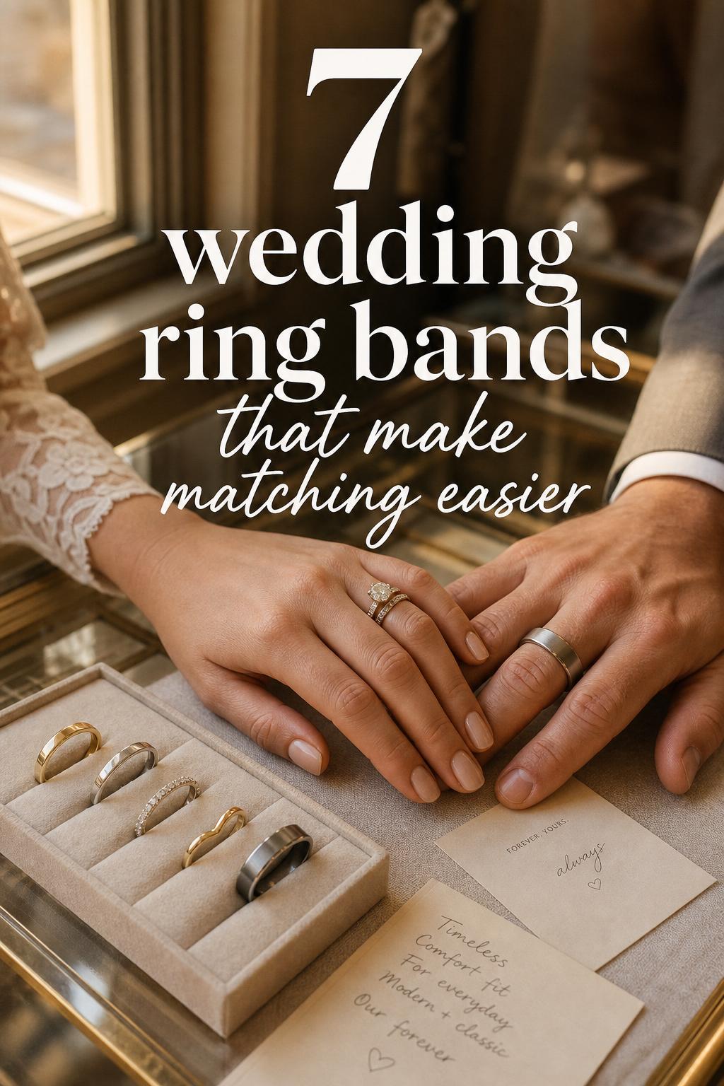 Wedding ring bands on a linen consultation table with bride and groom hands, showing gold, platinum, pavé and modern bands.