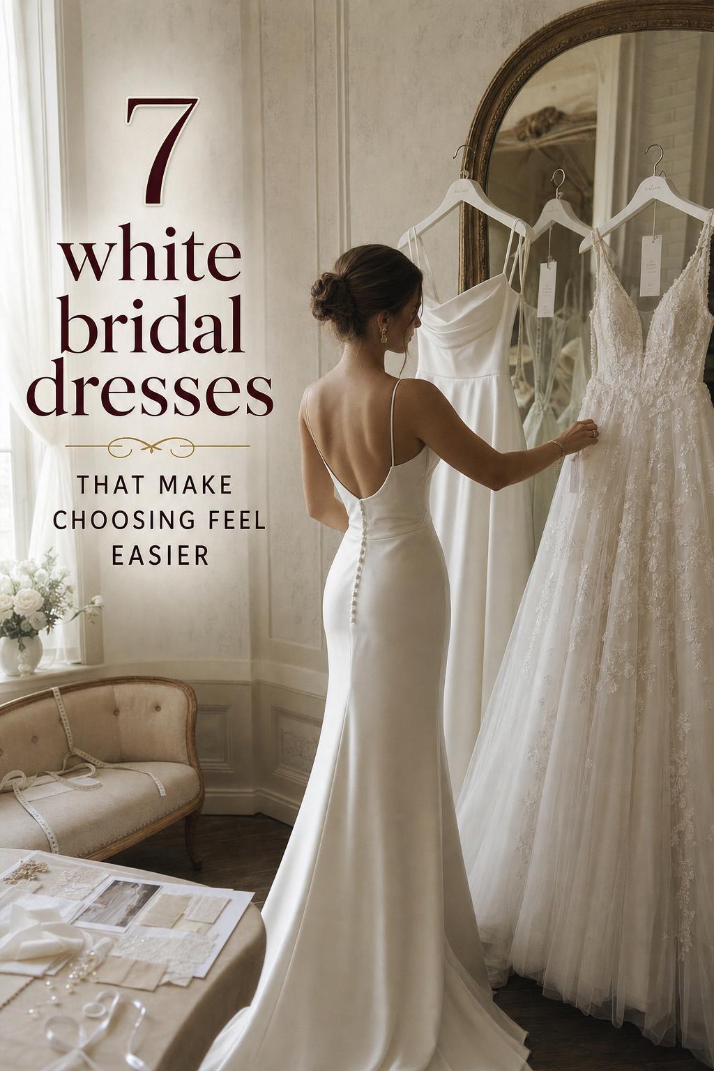 White bridal dresses in an elegant boutique as a bride compares gowns under soft window light with text overlay style guide