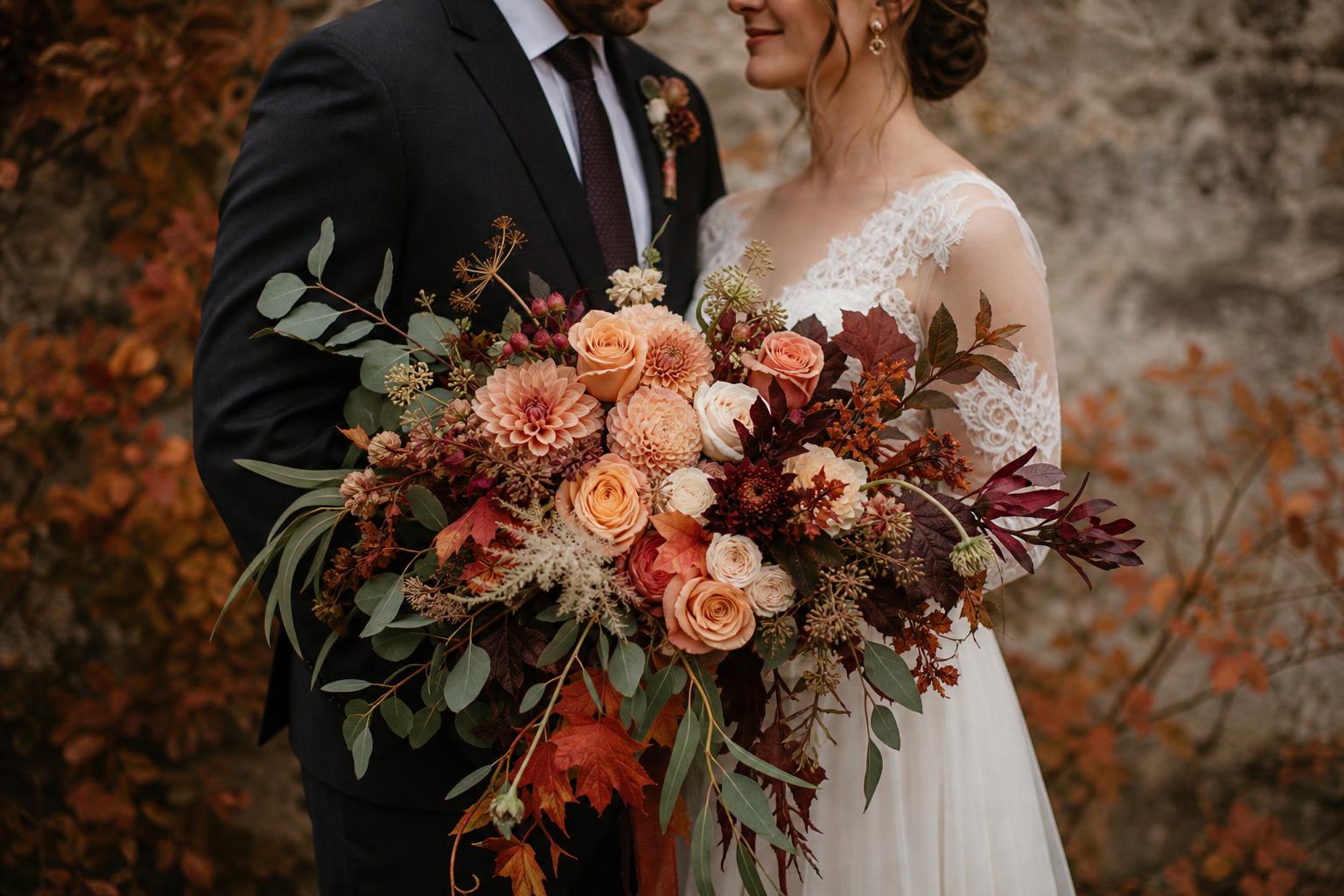 Autumn wedding flowers bouquet with dahlias, ranunculus, and eucalyptus in warm burgundy and rust tones