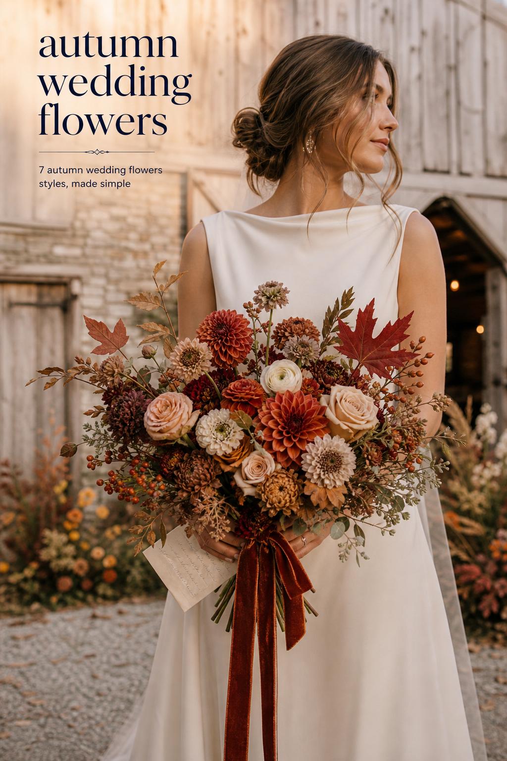 Autumn wedding flowers bouquet with dahlias, roses and velvet ribbon held at bride’s waist outside a rustic barn