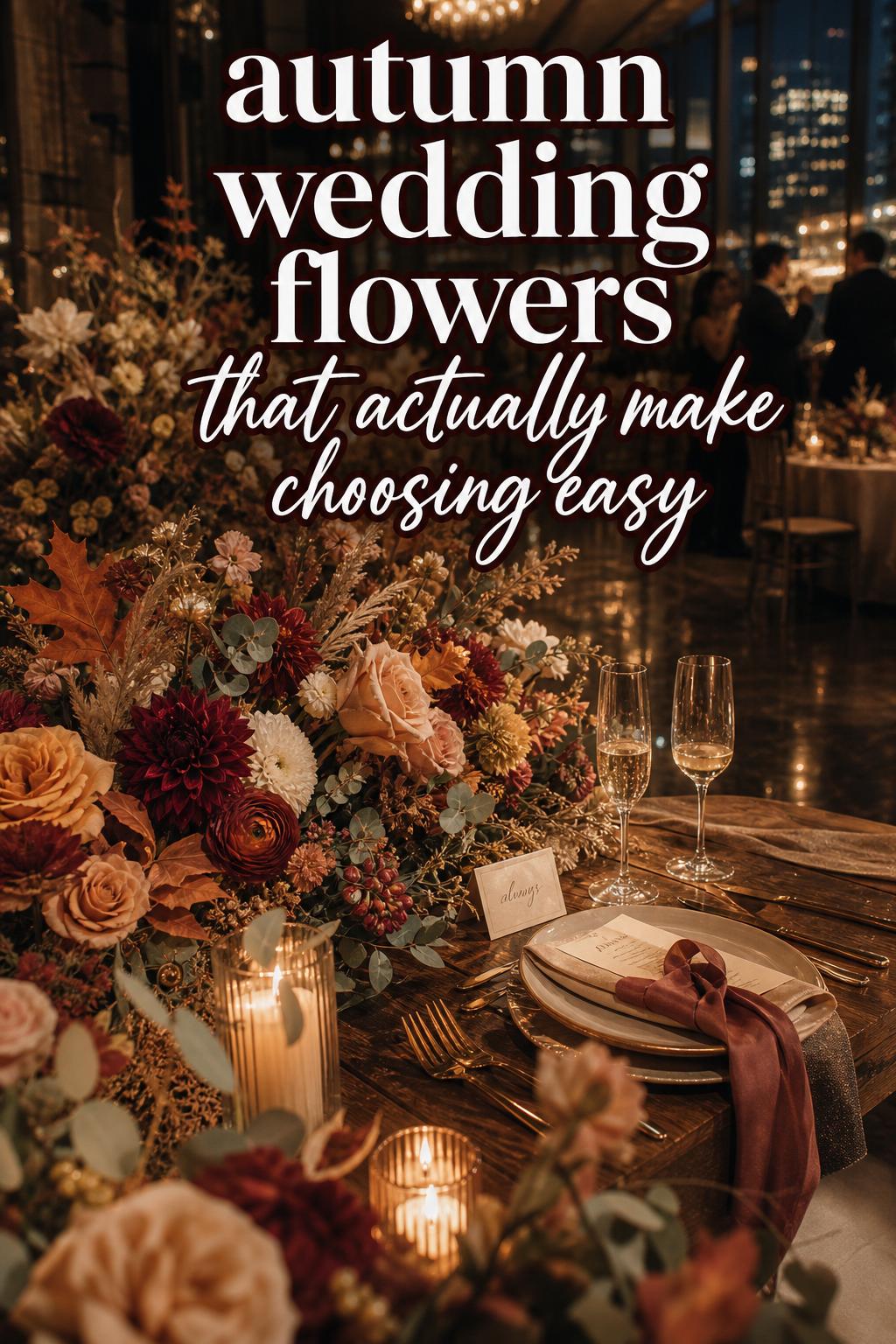 Autumn wedding flowers on a candlelit reception table with dahlias, roses, and berries in a luxe city venue at dusk